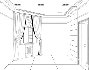 empty room, contour visualization, 3D illustration, sketch, outline