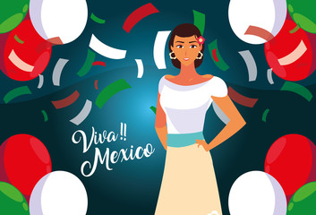 Sticker - viva mexico label with woman with mexican typical costume