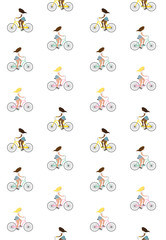 Wall Mural - Vector seamless pattern of flat cartoon girl riding a bicycle isolated on white background