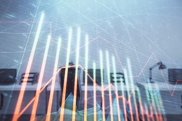 Stock and bond market graph with trading desk bank office interior on background. Multi exposure. Concept of financial analysis