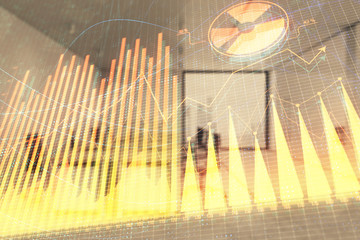 Stock market chart with trading desk bank office interior on background. Double exposure. Concept of financial analysis