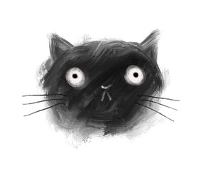 black cute crazy cat on white background. Hand drawn illustration