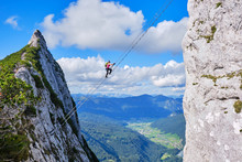 Via Ferrata Donnerkogel Intersport Klettersteig In The Austrian Alps, Near Gosau. Stairway To Heaven Concept.