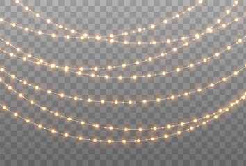 Wall Mural - christmas garland isolated on transparent background. glowing yellow light bulbs with sparkles. xmas