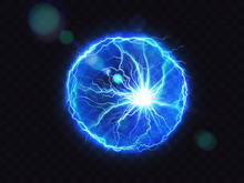 Electric Ball, Vector Lightning Circle Strike Impact Place, Plasma Sphere In Blue Color Isolated On Dark Background. Powerful Electrical Discharge, Magical Energy Flash. Realistic 3d Illustration