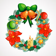 Cartoon Wreath Christmas Decoration With Bells. Vector Illustration.