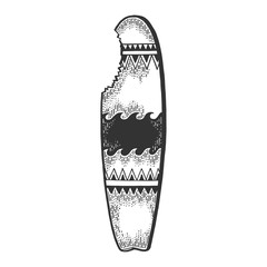 Surfboard bitten by shark sketch engraving vector illustration. T-shirt apparel print design. Scratch board style imitation. Black and white hand drawn image.