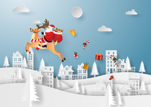 Origami Paper Art Of Santa Claus And Reindeer In The Village, Merry Christmas And Happy New Year