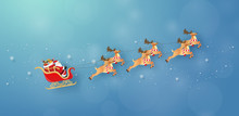 Origami Paper Art Of Santa Claus And Reindeer Flying On The Sky, Merry Christmas And Happy New Year