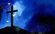 Graphic Christian Cross Silhouette And Spiritual Doves Against Abstract Texture Background