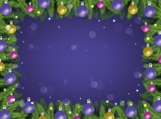 Christmas frame vector illustration on violet with bokeh effect background.