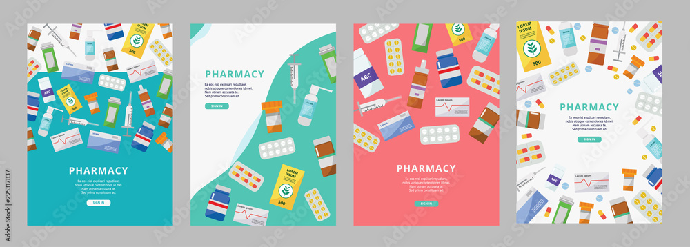 Online pharmacy ad poster set with colorful pill bottles, boxes and syringes - obrazy, fototapety, plakaty 
