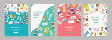 Online Pharmacy Ad Poster Set With Colorful Pill Bottles, Boxes And Syringes