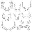 Hand drawn animal horn set - black and white sketch style collection