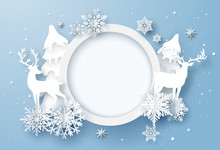 Paper Art Of Winter Holiday Card With Snowflakes And Reindeer, Merry Christmas And Happy New Year