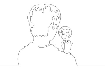 continuous line drawing man draws the earth. Portrait of a young man standing with his back to the viewer. Over the shoulder we see a drawing of the planet earth. It can be used for animation. Vector