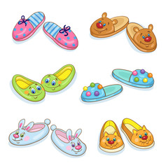 Wall Mural - Set of funny slippers for children and the whole family. In cartoon style. Isolated on a white background. Vector illustration.