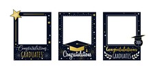 Congratulations Graduates 2020 Frame Set Vector Illustration. Colorful Photo Booth With Festive Stars And Teaching Attributes, Bachelor Caps And Golden Font Inscription. End Of School Concept