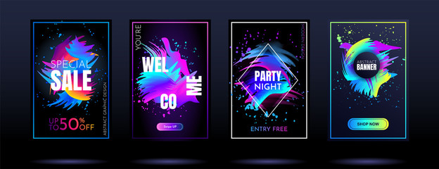Wall Mural - Vector banners. Modern art design. Element for design business cards, invitations, gift cards, flyers and brochures. Gradient 3d brush. Party dance banners. Color paint splash. Neon light on dark 