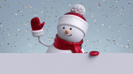 3d snowman waving hand, looking out the wall, holding blank banner. gold confetti falling. happy new