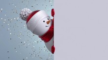 3d Snowman Looking Out The Corner, Holding Blank Banner, Blinking And Smiling. Gold Confetti Falling. Happy New Year. Merry Christmas Animated Greeting Card. Winter Holiday Background. 1920x1080 Hd