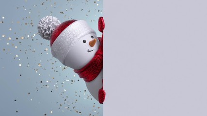 3d snowman looking out the corner, holding blank banner, blinking and smiling. gold confetti falling
