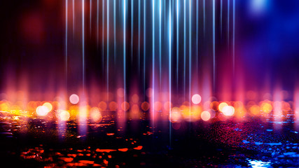 Wall Mural - dark street of the night city. abstract bokeh light. reflection on the wet asphalt, the lights of th