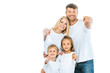 © LIGHTFIELD STUDIOS - positive family in white t-shirts pointing with fingers isolated on white