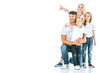 © LIGHTFIELD STUDIOS - positive family in denim jeans pointing with fingers on white