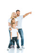 © LIGHTFIELD STUDIOS - happy man pointing with finger near kids and wife on white