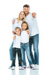 © LIGHTFIELD STUDIOS - happy family pointing with fingers and smiling on white