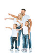© LIGHTFIELD STUDIOS - happy parents and kids pointing with fingers and looking away on white