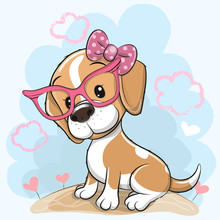 Cartoon Dog Beagle With A Bow And Glasses On A Meadow