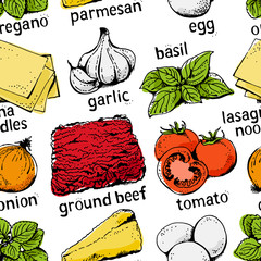 Wall Mural - Lasagna ingredients vector seamless pattern, hand drawn food  background