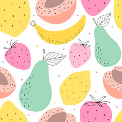 Wall Mural - Hand drawn fruits seamless pattern for print, textile, wallpaper. Kids decorative fruits background.