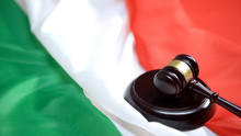 Gavel Striking On Sound Block Against Italian Flag, Ministry Justice, Authority