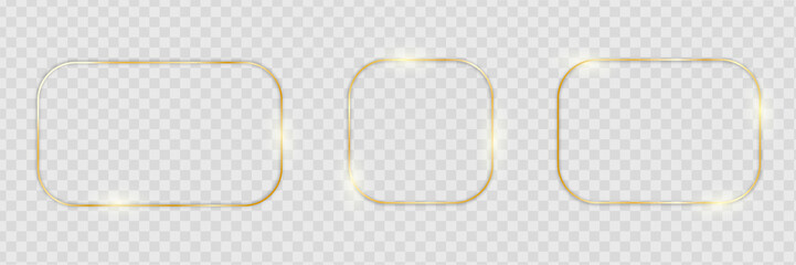 Gold shiny glowing frames set with shadows isolated on transparent background. Pack of luxury round, oval borders. Vector illustration.