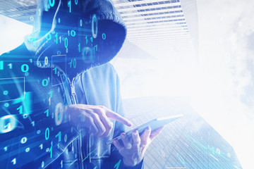 hacker with tablet in city, binary numbers