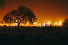 Toxteth Park Cemetery In The Night, Foggy Night Graveyard In Liverpool, UK