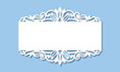 © Natallia - Laser cutting template of openwork vector silhouette. Wedding invitation card with lace border at vintage style. Elegant ornamental vignette on blue background. Cutout paper frame for holiday party.