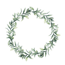 Watercolor Winter Wreath With Lambs Ears Branch. Hand Painted Green Woolly Hedgenettle Leaves Composition Isolated On White Background. Holiday Floral Illustration For Design, Print Or Background.