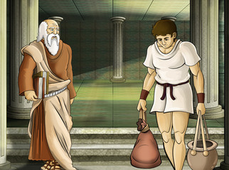 cartoon scene with roman or greek - ancient character near some ancient building like temple illustration for children