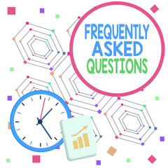 Wall Mural - Handwriting text Frequently Asked Questions. Conceptual photo inquries that been informed more than one time Layout Wall Clock Notepad with Escalating Bar Graph and Arrow Pointing Up