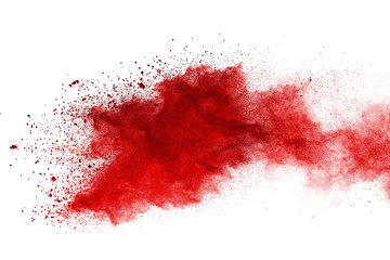 Wall Mural - Red powder explosion on white background. Colored cloud. Colorful dust explode. Paint Holi.