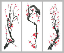 Set Of Sakura Blossom Branches. Pink And Red Stylized Flowers Of Plum Mei And  Wild Cherry . Watercolor And Ink Illustration Of Tree In Style Sumi-e, Go-hua,  U-sin. Oriental Traditional Painting. .