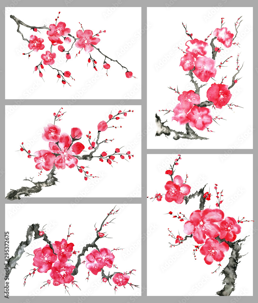 Set of sakura blossom branches. Pink and red stylized flowers of plum ...