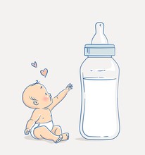 Cute Baby Boy Sitting On Floor And Reaching Out To A Huge Bottle Of Milk. Cartoon Vector Illustration