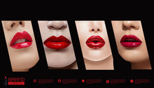 Set Of Woman Red Lips.Lipstick Make Up Beauty Product Illustration.