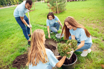 Volunteering. Young people volunteers outdoors planting together smiling happy