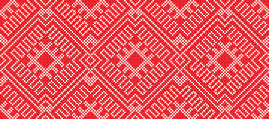 Wall Mural - Seamless embroidered handmade cross-stitch ethnic Ukraine pattern for design. Vector red border illustration on white background.